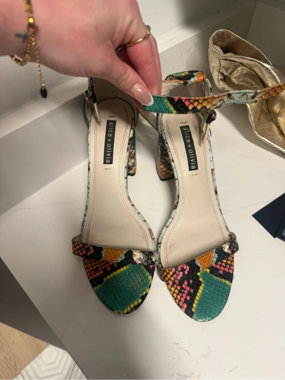 Alice + Olivia Multicolor Snakeskin Ankle-Strap Block Heel Sandals